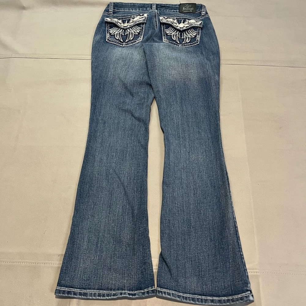 Women Indigo Bootcut Jean Embellished 6 Baggy Y2K Skate Grunge Angel Wings -4716